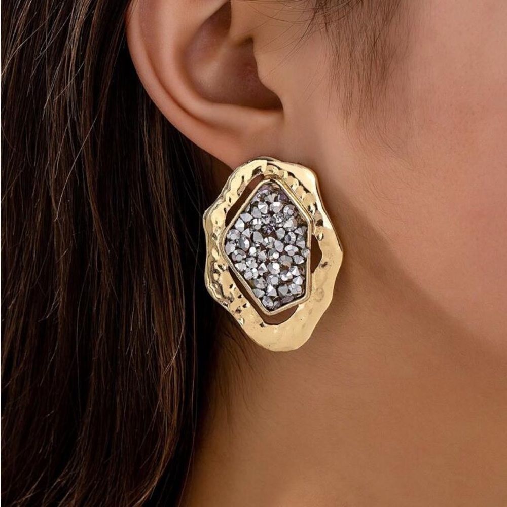 Gold Tone Crystal Cluster Statement Earrings - Women Jewelry R341